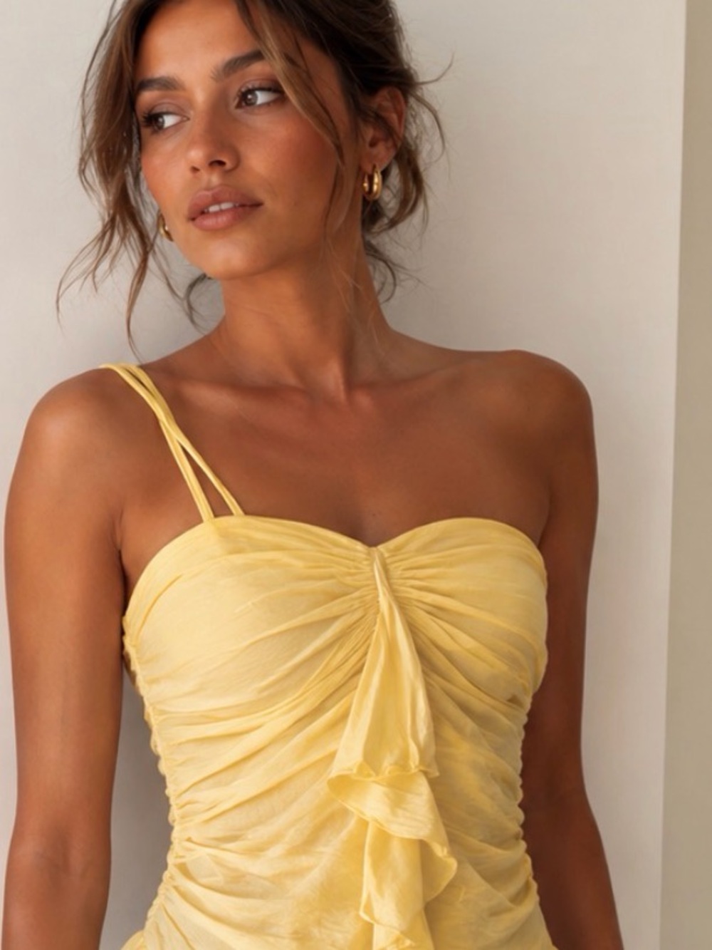 Vintage bebe linen silk strapless Yellow Ruffled Strapless Cocktail tunic/top